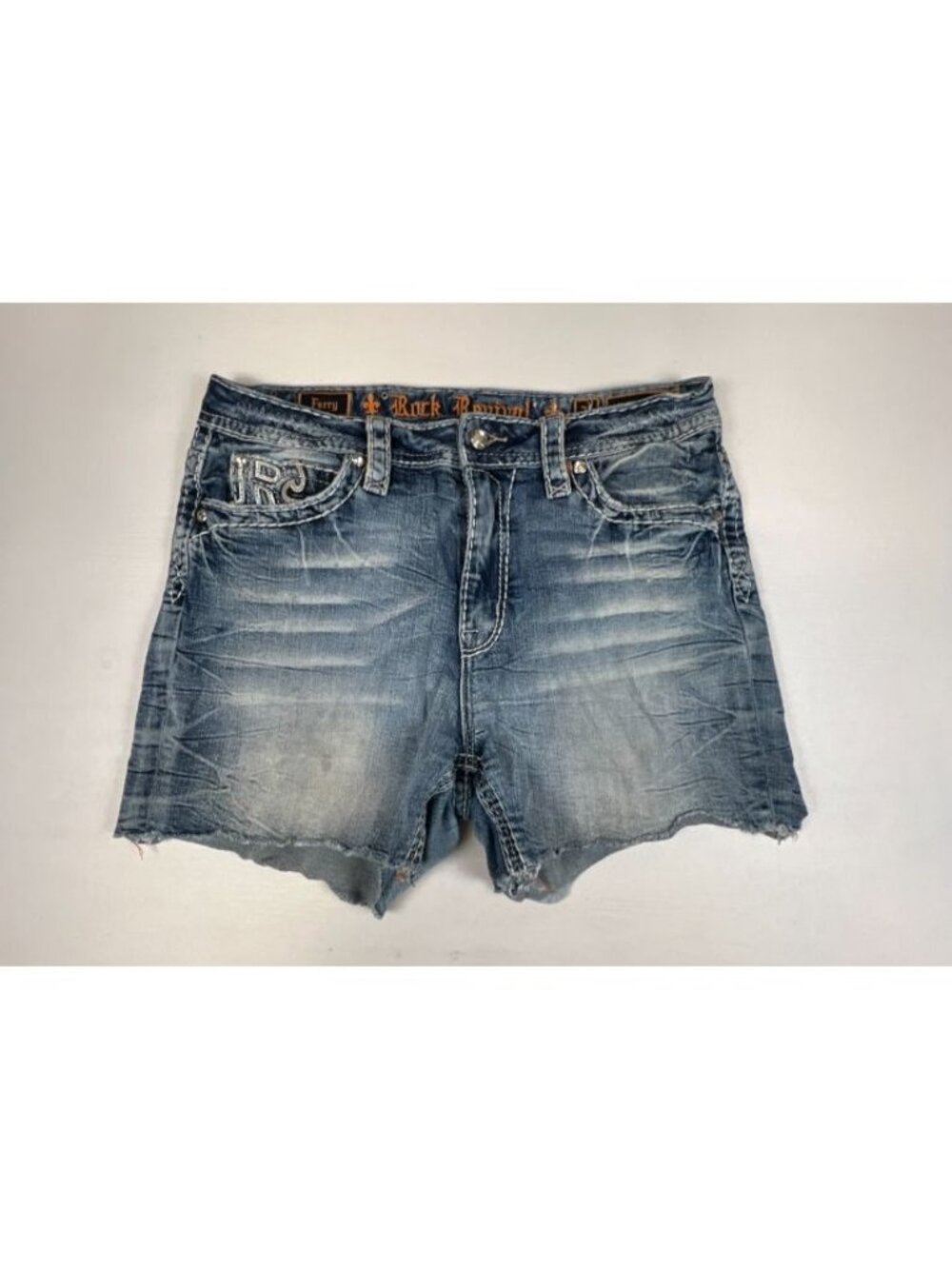 Rock Revival Ferry Easy Shorts Women's Size 31 Blue Denim Embellished Raw Hem